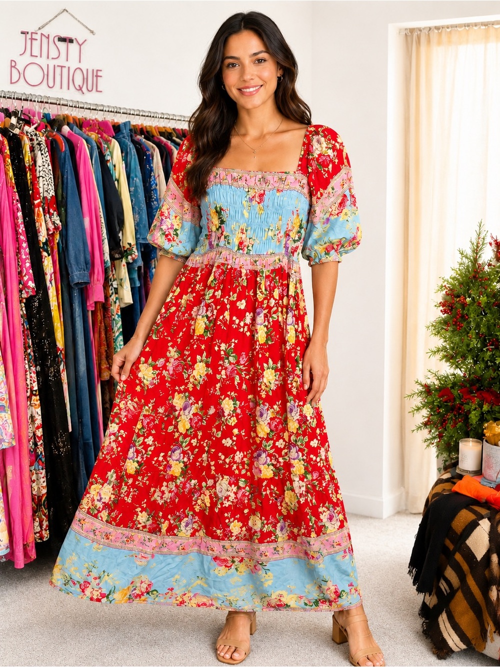 Red Floral Puff-Sleeve Maxi Dress by  Ptp 20 will fit Large